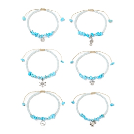 Ensemble de bracelets de cheville en turquoise synthétique sur le thème de l'océan, avec des perles de verre et des breloques en alliage de zinc de style tibétain