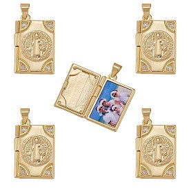 5 colgantes de medallón de zirconia cúbica transparente con micro pavé de latón enchapado en estante, sin plomo y cadmio, religión, rectángulo con virgen maría