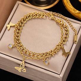 Gourmette et chaînes câblées en acier titane doré, bracelet multibrins double couche, bracelet à breloques en strass