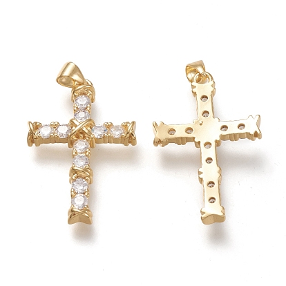 Brass Micro Pave Cubic Zirconia Pendants, Cross, Clear, Real 18K Gold Plated