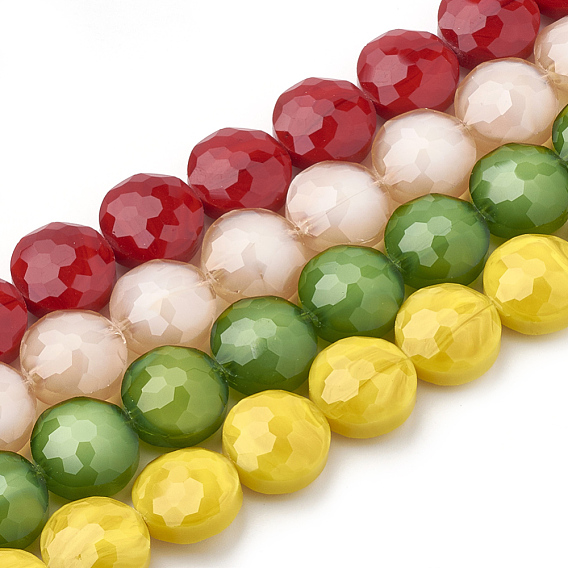 Opaque Solid Color Glass Beads Strands, Faceted, Flat Round