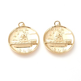 Brass Pendants, with Jump Rings, Long-Lasting Plated, Flat Round with Pirate Ship