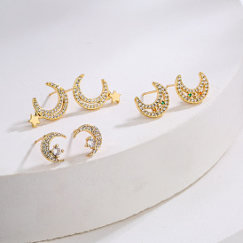 18K Gold-Plated Crescent Moon Stud Earrings with Zirconia Stones