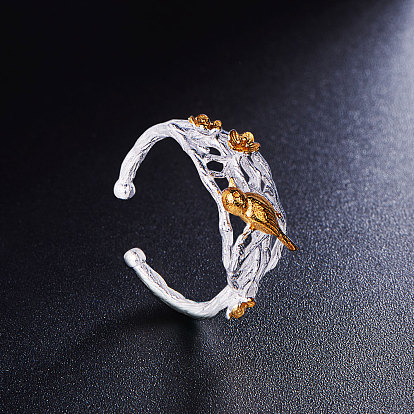 Anillo de plata esterlina 925 shegrace fashion, anillos del manguito, anillos abiertos pájaro y flor de ciruelo, 18 mm