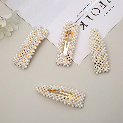 Resin Imitation Pearl Snap Hair Clips, with Iron Clip, Hair Accessories for Girls Women, Triangle/Rectangle