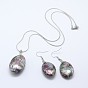 Conjuntos de joyas de concha de abulón / paua, pendientes de lágrima y collares pendientes, con gancho para la oreja de latón chapado en platino y cierres de pinza de langosta