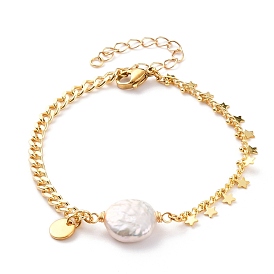 Natural Baroque Pearl Keshi Pearl Link Bracelets, with  Brass Curb Chains, 304 Stainless Steel Lobster Claw Clasps and Flat Round Charms, White