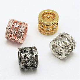 Brass Micro Pave Cubic Zirconia Beads, Column, Hollow, Cadmium Free & Lead Free & Nickel Free