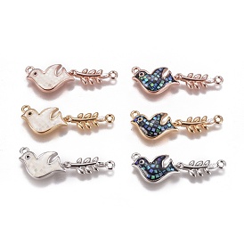 Brass Micro Pave Cubic Zirconia Links, with Shell, Bird with Leaf