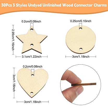 30Pcs 3 Styles Undyed Unfinished Wood Connector Charms, Flat Round & Heart & Star Links