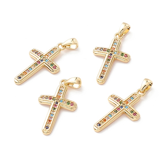 Brass Micro Pave Colorful Cubic Zirconia Pendants, Long-Lasting Plated, Lead Free & Cadmium Free & Nickel Free, Cross