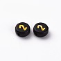 Opaque Black Acrylic Beads, Metal Enlaced, Flat Round with Golden Number