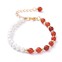 Natural Pearl & Natural Gemstone Beaded Bracelets, with Iron Chain Extender, 304 Stainless Steel Lobster Claw Clasps and Brass Beads