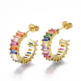 Brass Micro Pave Cubic Zirconia(Random Mixed Color) Stud Earrings, Half Hoop Earrings, with Ear Nuts