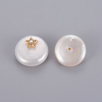 Culture des perles perles d'eau douce naturelles, avec les accessoires de zircons en laiton, plat rond