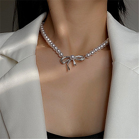 Pearl Necklace with Diamond Butterfly Bow - Delicate Design, Choker, Minimalist Style.