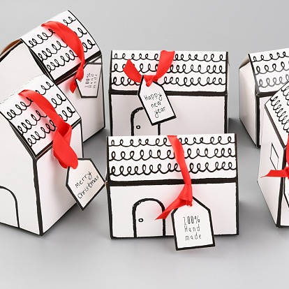 Noël thème cadeau bonbons boîtes pliantes en papier, étiquettes avec mot et ruban, pour Noël décorer, forme de maison
