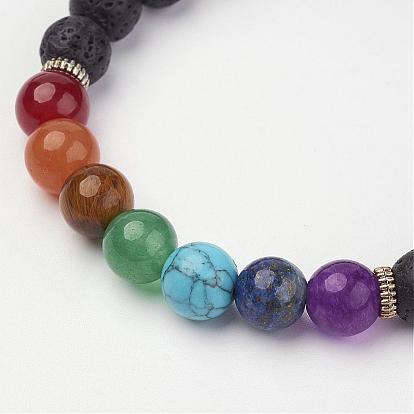 Bracelets extensibles avec perles de pierre de lave et pierres précieuses, avec alliage de perles d'entretoise