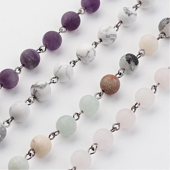 Chaînes de perles de pierres précieuses naturelles faits à la main, non soudée, avec épingle à œil en laiton, gris anthracite