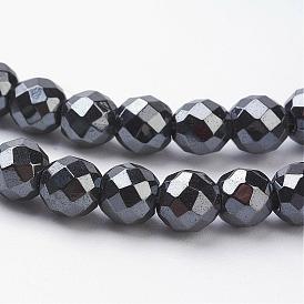 Non-magnétiques perles d'hématite synthétique brins, à facettes (128 facettes), ronde