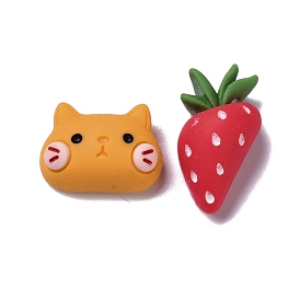 Opaque Resin Cabochons, for DIY Decoration, Cat & Strawberry