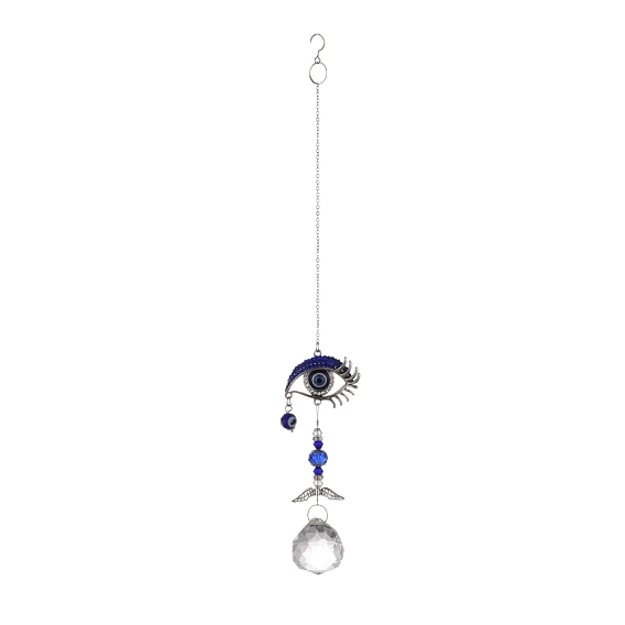 Alliage oeil turc bleu mauvais œil pendentif décoration, avec prismes de boule de lustre de plafond en cristal, pour l'ornement d'amulette suspendu à la maison