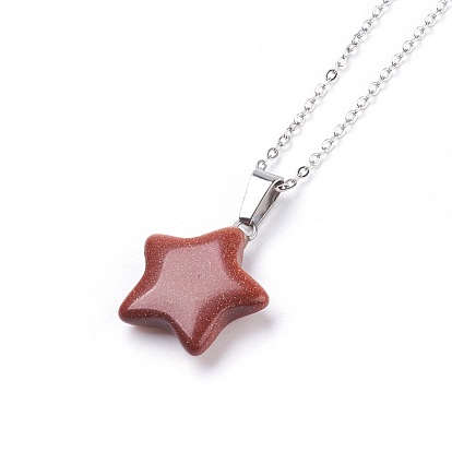 Natural & Synthetic Gemstone Pendant Necklaces, with Brass Chains, Star