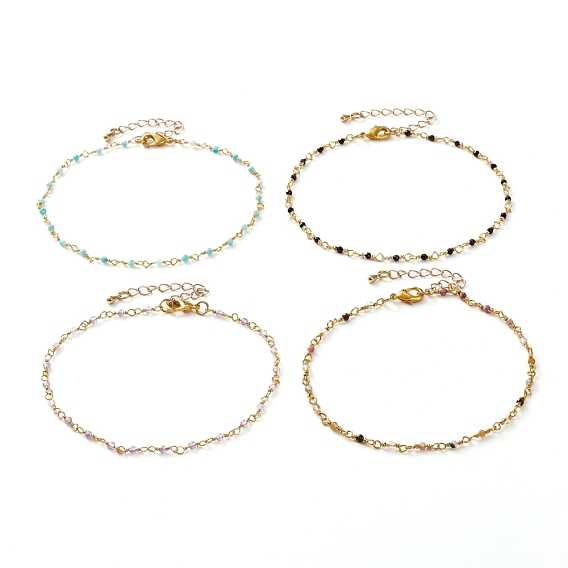 Bracelets de cheville en perles de pierres naturelles, avec fermoirs mousquetons en laiton  , or