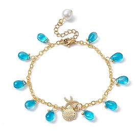 Forme de coquille de pétoncle d'étoile de mer en alliage avec des bracelets à breloques en forme de larme de verre, avec des chaînes en laiton, pour femme