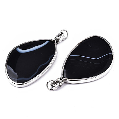 Agate noire naturelle gros pendentifs, bord et boucle de fer de ton platine, ovale