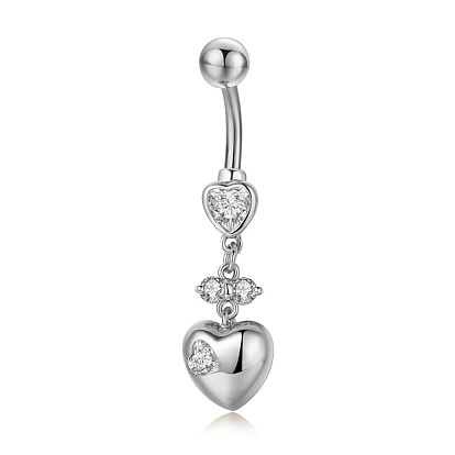 Piercing Jewelry, Brass Cubic Zirciona Navel Ring, Belly Rings, with 304 Stainless Steel Bar, Lead Free & Cadmium Free, Heart