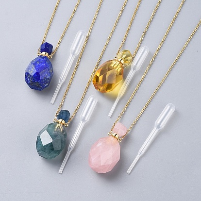 Natural Gemstone Perfume Bottle Pendant Necklaces, with Stainless Steel Cable Chain and Plastic Dropper, Bottle