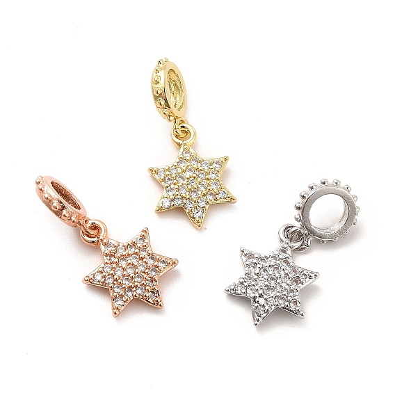 Rack Plating Brass Micro Pave Cubic Zirconia European Dangle Charms, Large Hole Pendants, Star of David Charm, Long-Lasting Plated, Cadmium Free & Lead Free