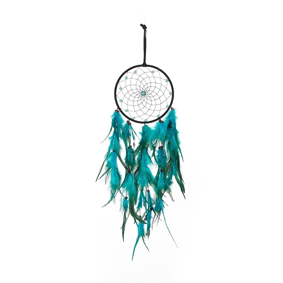 Iron Woven Web/Net with Feather Pendant Decorations, with Plastic and Wood Beads, Covered with Leather Cord, Flat Round