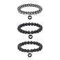 3Pcs 3 Style Natural Black Agate(Dyed) & Lava Rock & Synthetic Hematite Round Beaded Stretch Bracelets Set, Alloy Enamel Heart Charms Stackable Bracelets for Men Women
