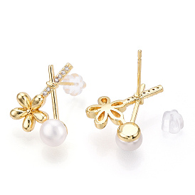 Natural Pearl Stud Earrings, Flower Brass Micro Pave Clear Cubic Zirconia Earrings with 925 Sterling Silver Pins