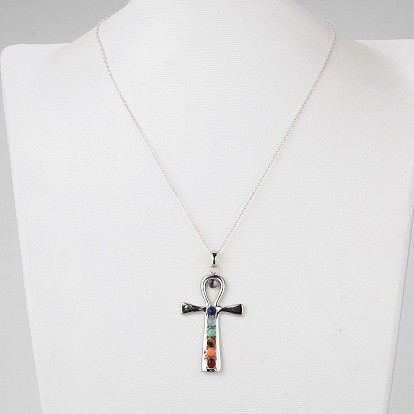 Plaqué platine vintage chakra bijoux laiton pierres précieuses croix pendentif colliers, avec des chaînes câblées, 18 pouce