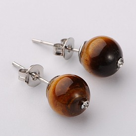 Gemstone Round Bead Ball Stud Earrings, with Glass Rhinestone and Platinum PlatedBrass Post Earrings Components, 8mm, Pin: 0.6mm