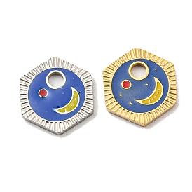 304 Stainless Steel Charms, with Enamel, Hexagon with Moon Pattern Charms