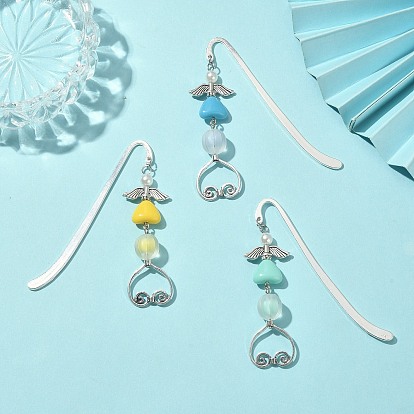 3 Colors Alloy Hook Bookmarks, with Acrylic Beads, Wing & Heart Pendant Book Marker