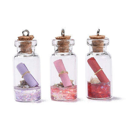 Decoraciones pendientes de cristal de la botella que desea, con resina y papel y concha, con tapón de corcho y hallazgos de hierro