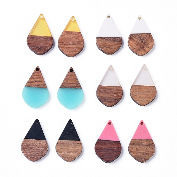 Teardrop Resin & Walnut Wood Pendants, Two Tone, DIY Craft Embellishments, for Jewelry Making