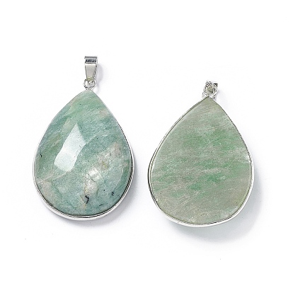 Natural Amazonite Pendants, Leaf & Teardrop & Oval Charms, with Rack Plating Brass Findings, Cadmium Free & Lead Free, Mixed Shapes