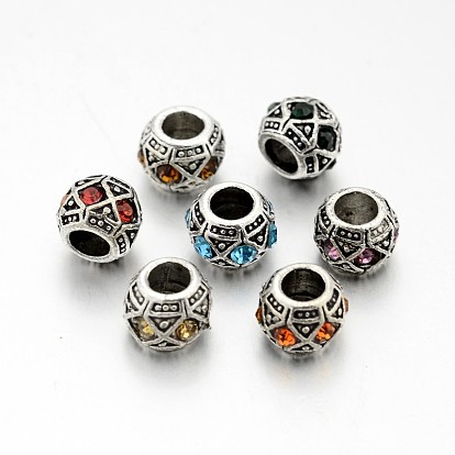 Antique Silver Plated Alloy Rhinestone European Beads, Large Hole Rondelle Beads