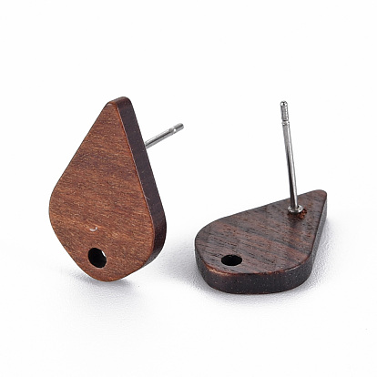 Walnut Wood Stud Earring Findings, with 304 Stainless Steel Pin, Teardrop