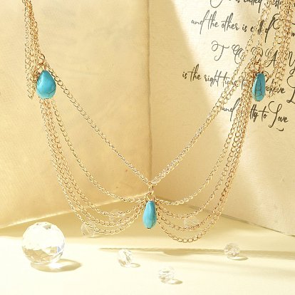 Bandeau de chaîne de tête en métal de mode pour femmes, pompon de chaîne de trottoir de fer bandeaux, avec des perles acryliques imitation turquoise, 20.8 pouce