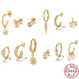 Серебряный подсолнух, Комплект сережек со звездами и жемчугом — 3 штабелируемые детали в s925