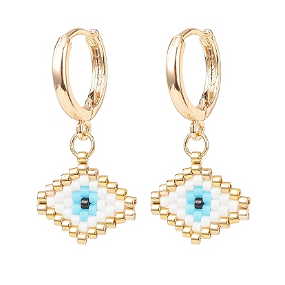 Japanese Seed Braided Rhombus with Evil Eye Dangle Hoop Earrings, Golden Brass Jewelry for Women