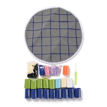 Flat Round Latch Hook Rug Kit, DIY Rug Crochet Yarn Kits, Including Color Printing Screen Section Embroidery Pad, Needle, Acrylic Wool Bundle
