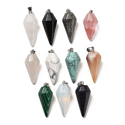 Mixed Gemstone Pendants, Faceted Cone Charms with Platinum Plated Iron Snap on Bails